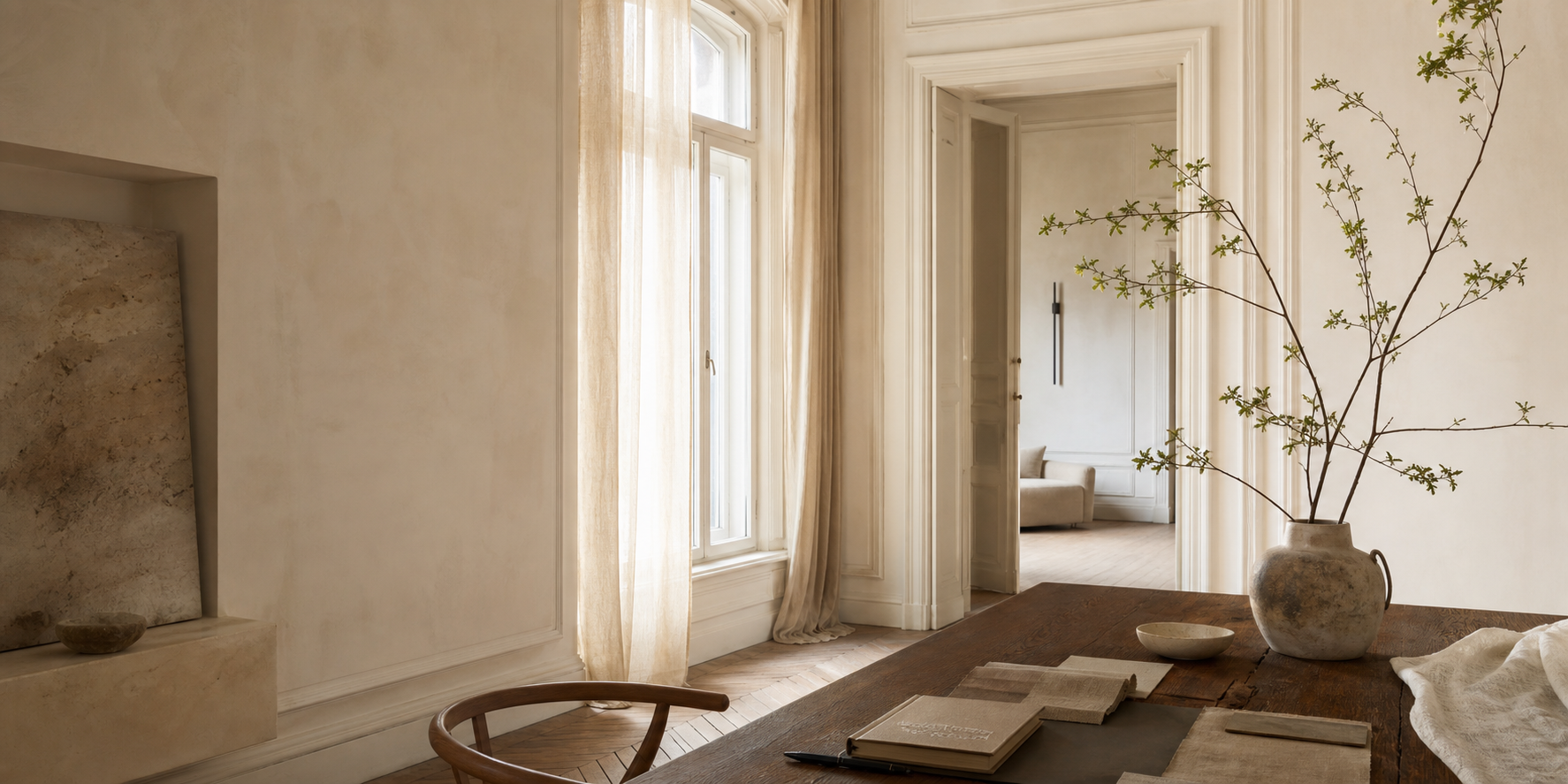 Interior luminos într-o vilă interbelică, cu materiale naturale și atmosferă calmă