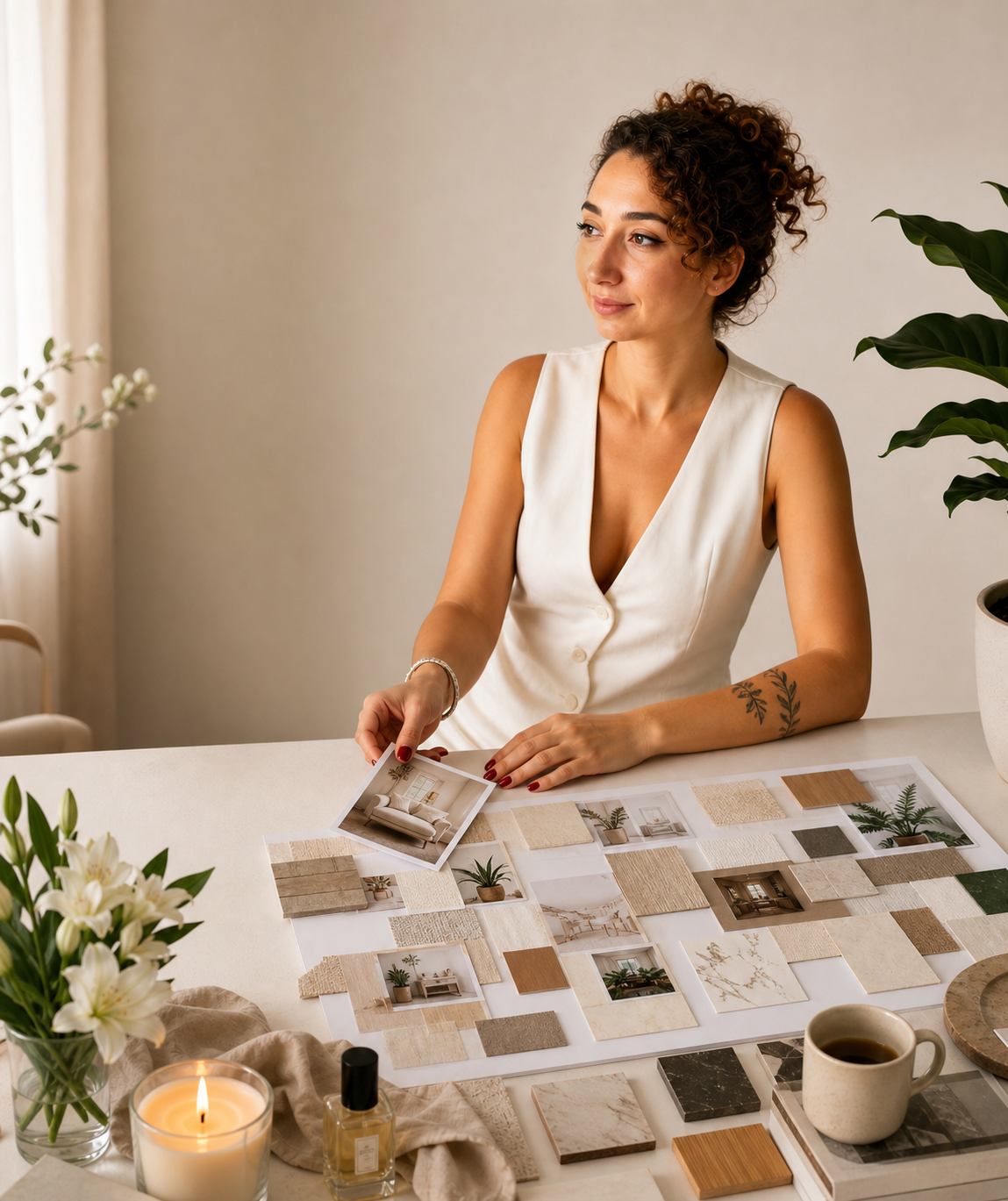 Portret editorial la masa de lucru Vizualist, cu materiale și mostre pentru design interior
