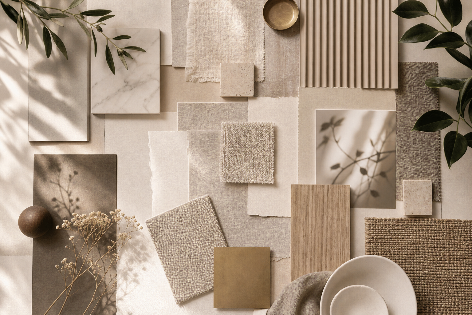 Compoziție abstractă cu materiale naturale și texturi neutre inspirate de Harta Vizualist